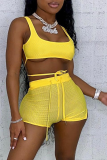 Earth Yellow Sexy Solid Mesh U Neck Sleeveless Two Pieces
