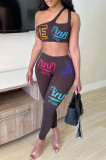 Black Sexy Casual Letter Print Hollowed Out Backless One Shoulder Sleeveless Two Pieces