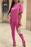 Pink Fashion Casual Solid Slit Asymmetrical O Neck Short Sleeve Two Pieces