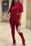 Red Fashion Casual Solid Slit Asymmetrical O Neck Short Sleeve Two Pieces