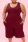 Burgundy Casual Solid Pocket O Neck Plus Size Jumpsuits