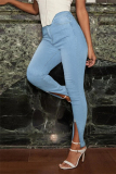 Medium Blue Fashion Casual Solid Slit Zipper Plus Size Jeans