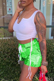 Fluorescent Green Sexy Print Ripped Contrast Spaghetti Strap Sleeveless Two Pieces