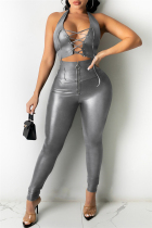 Silver Gray Fashion Sexy Solid Hollowed Out Backless Halter Sleeveless Two Pieces
