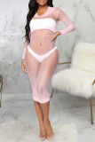 Pink Sexy Solid Mesh Hooded Collar Pencil Skirt Dresses