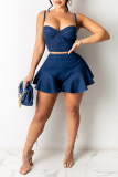 Blue Fashion Sexy Solid Backless Spaghetti Strap Sleeveless Two Pieces
