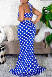 Blue Fashion Sexy Dot Print Backless Halter Sleeveless Two Pieces