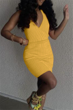 Yellow Sexy Casual Solid With Belt V Neck Vest Dress