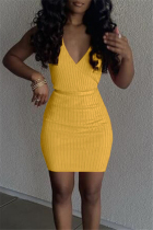 Yellow Sexy Casual Solid With Belt V Neck Vest Dress