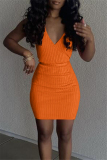 Orange Sexy Casual Solid With Belt V Neck Vest Dress