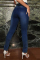 Deep Blue Fashion Casual Solid Slit Zipper Plus Size Jeans
