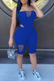 Blue Casual Solid Ripped Strapless Sleeveless Two Pieces