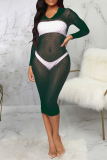 Green Sexy Solid Mesh Hooded Collar Pencil Skirt Dresses