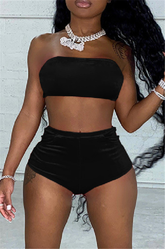 Black Sexy Living Solid Backless Strapless Sleeveless Two Pieces