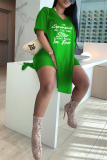Fluorescent Green Fashion Casual Letter Print Slit V Neck Short Sleeve Two Pieces
