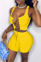 Yellow Fashion Sexy Solid Hollowed Out U Neck Sleeveless Two Pieces