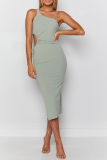 Blue Sexy Solid High Opening One Shoulder Pencil Skirt Dresses