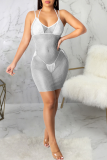 White Sexy Solid See-through Mesh Halter Pencil Skirt Dresses