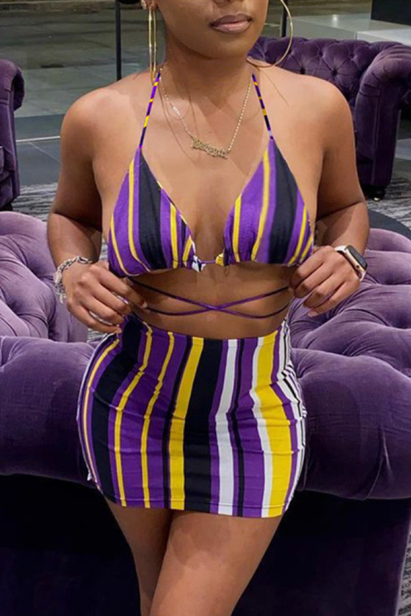 Purple Fashion Sexy Striped Print Backless Halter Sleeveless Two Pieces