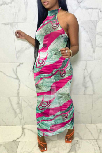 Green Fashion Sexy Print Backless Halter Sleeveless Dress Dresses