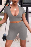 Grey Fashion Casual Solid Basic V Neck Short Sleeve Two Pieces
