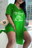 Fluorescent Green Fashion Casual Letter Print Slit V Neck Short Sleeve Two Pieces