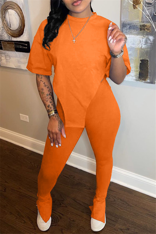 Orange Fashion Casual Solid Slit Asymmetrical O Neck Short Sleeve Two Pieces