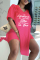 Pink Fashion Casual Letter Print Slit V Neck Short Sleeve Two Pieces