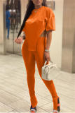 Orange Fashion Casual Solid Slit Asymmetrical O Neck Short Sleeve Two Pieces