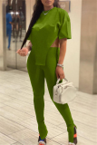 Green Fashion Casual Solid Slit Asymmetrical O Neck Short Sleeve Two Pieces