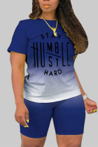 Royal Blue Fashion Casual Gradual Change Letter Print Basic O Neck Short Sleeve Two Pieces