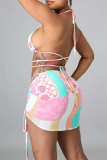 Light Khaki Fashion Print Backless Strap Design Swimwears Set