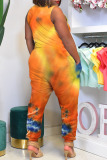 Orange Casual Print Tie-dye O Neck Loose Jumpsuits
