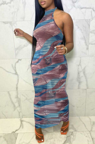 Coffee Fashion Sexy Print Backless Halter Sleeveless Dress Dresses