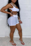 White Sexy Solid Mesh U Neck Sleeveless Two Pieces