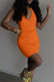 Orange Sexy Casual Solid With Belt V Neck Vest Dress
