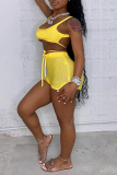 Fluorescent Yellow Sexy Solid Mesh U Neck Sleeveless Two Pieces
