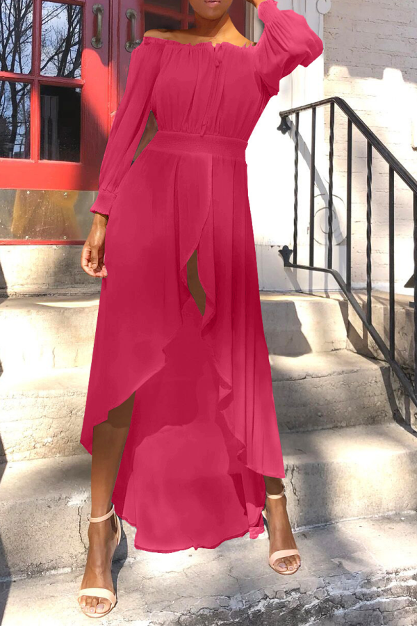 Rose Red Casual Solid Slit Off the Shoulder Irregular Dress Dresses