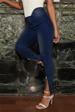 Medium Blue Fashion Casual Solid Slit Zipper Plus Size Jeans
