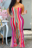 Colour Sexy Casual Striped Print Backless Strapless Regular Jumpsuits