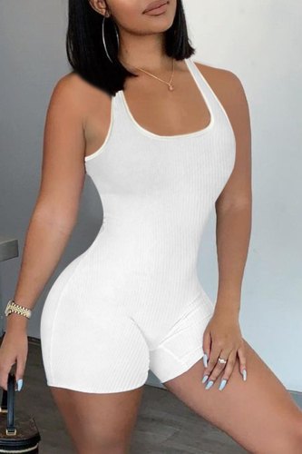 White Casual Sportswear Solid Backless U Neck Skinny Romper