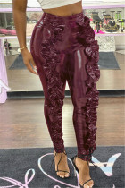 Wine Red Fashion Sexy Wooden Ear Trousers