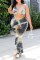 Apricot Sexy Print Backless O Neck Plus Size Jumpsuits