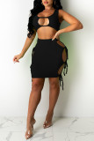 Black Fashion Sexy Solid Hollowed Out Strap Design U Neck Sleeveless Two Pieces