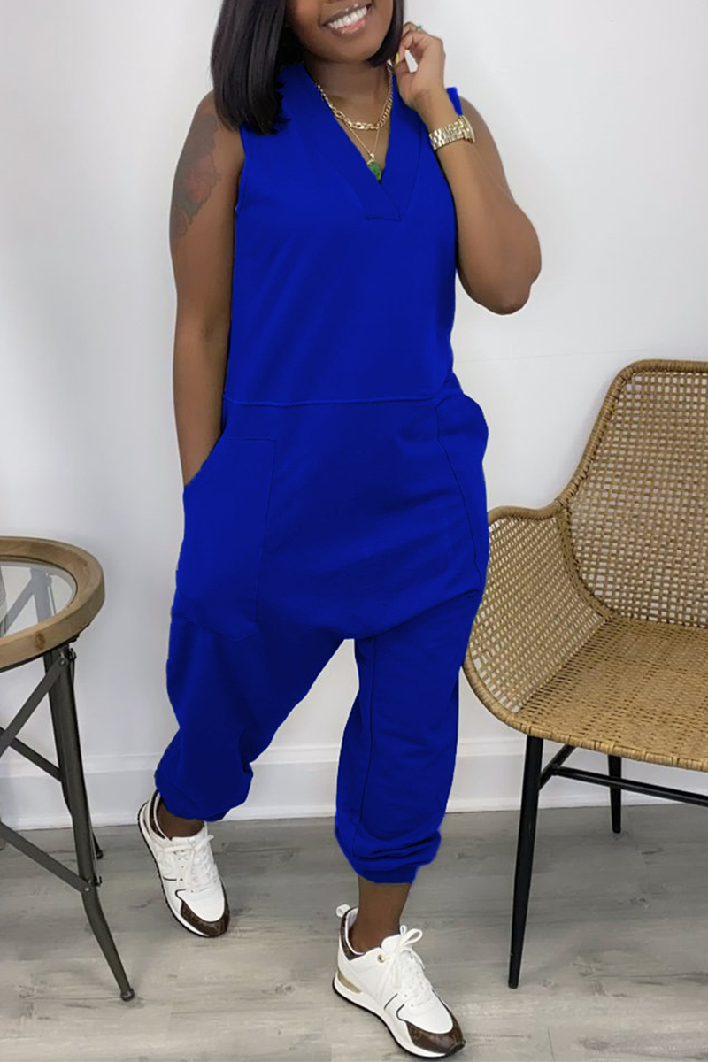 

Blue Casual Solid Patchwork V Neck Straight Jumpsuits