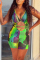 Fluorescent Green Fashion Sexy Print Hollowed Out Strap Design V Neck Skinny Romper