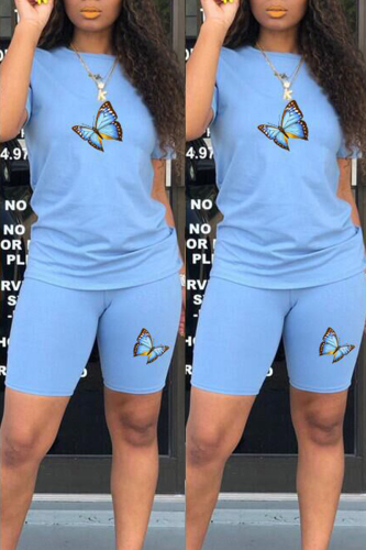 Peacock Blue Fashion Casual Butterfly Print Basic O Neck Short Sleeve Two Pieces