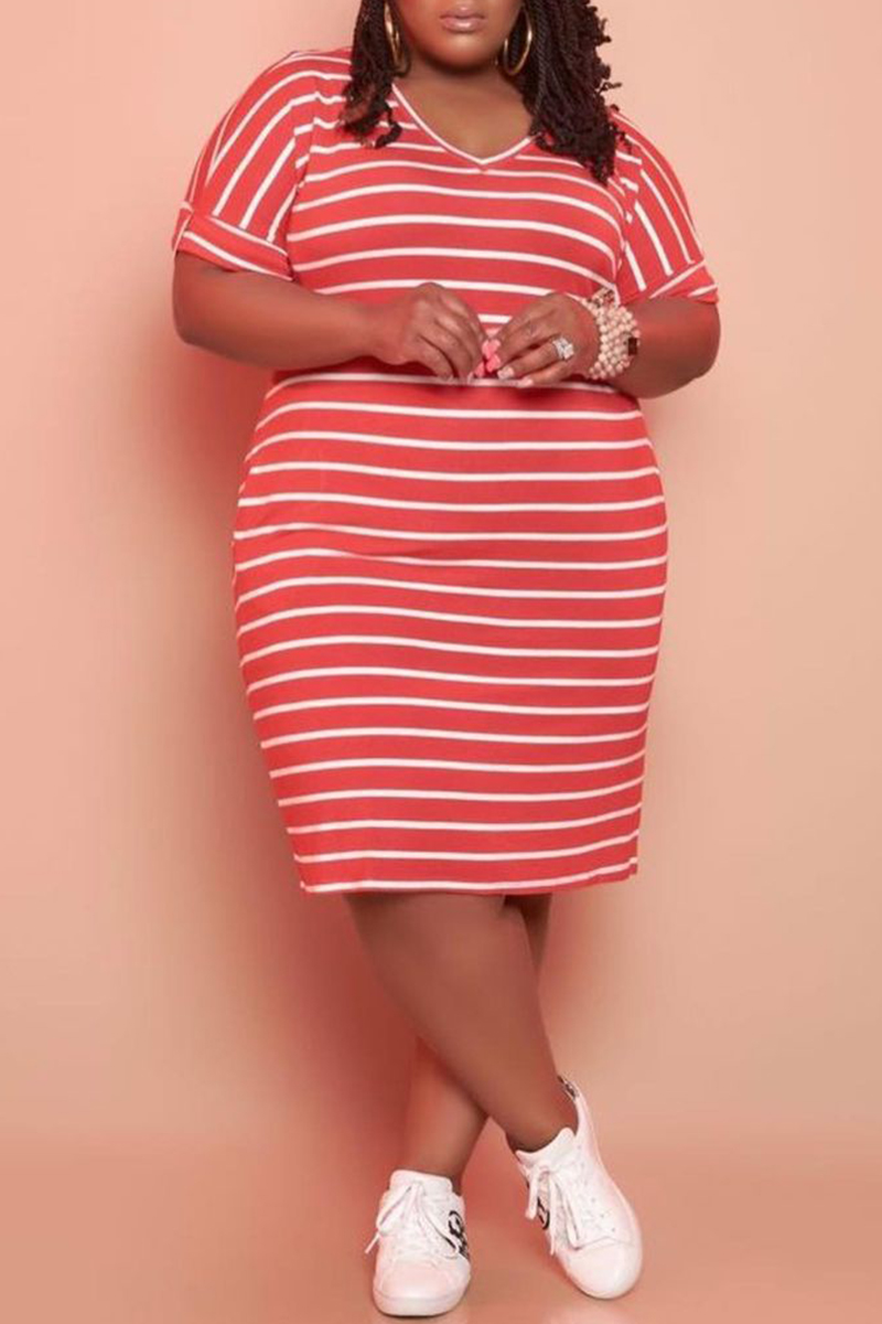 

Red Fashion Casual Plus Size Striped Print Basic V Neck Short Sleeve Dress