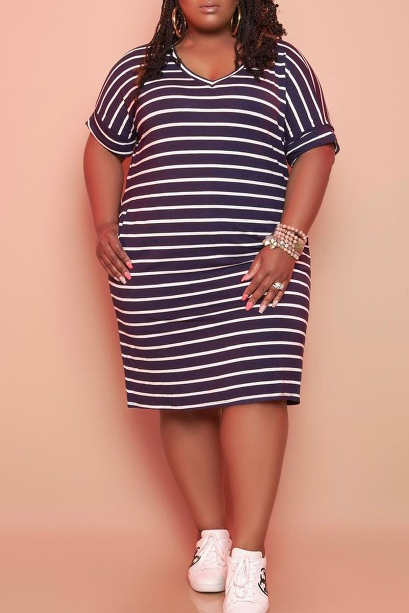 

Tibetan Blue Fashion Casual Plus Size Striped Print Basic V Neck Short Sleeve Dress