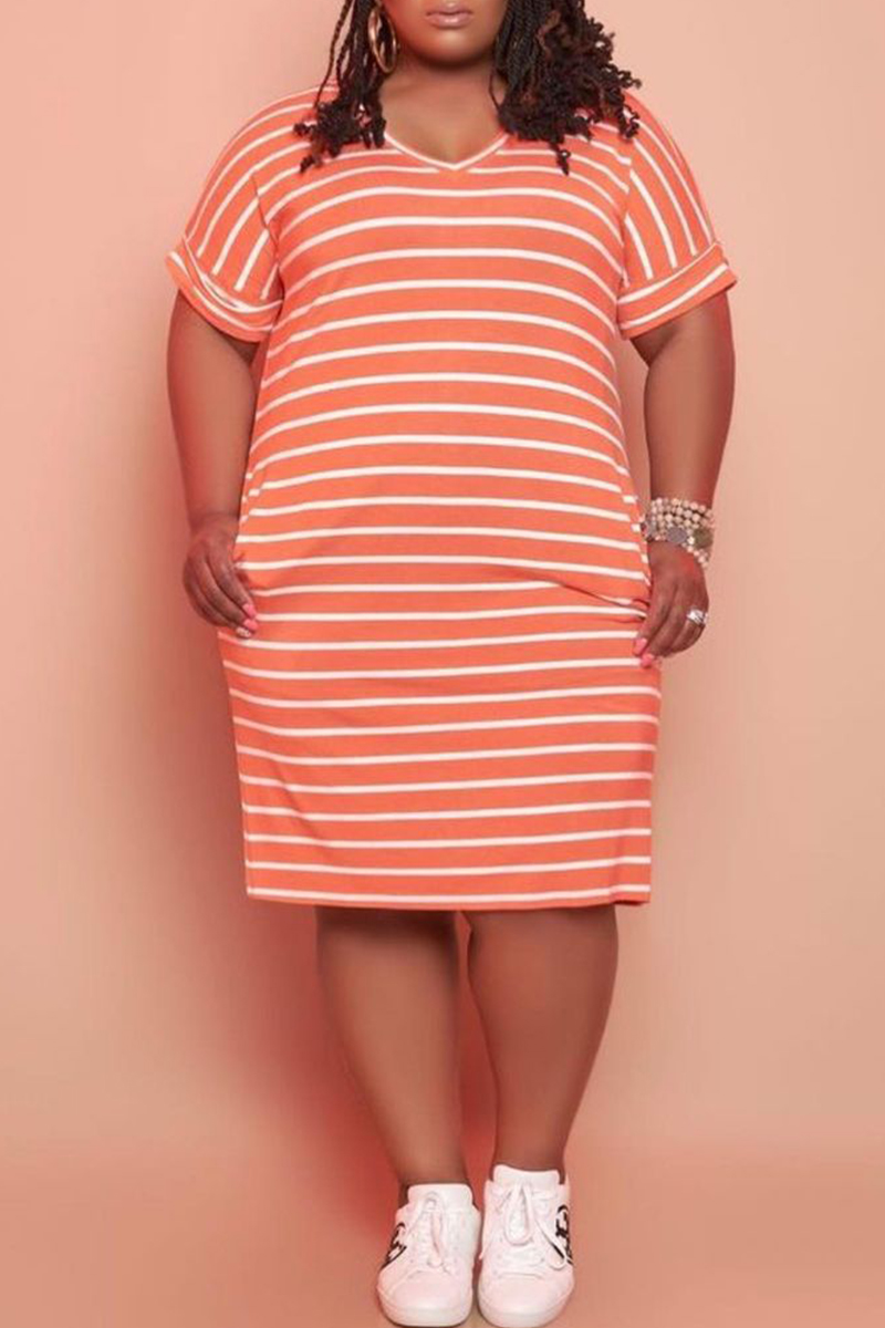 

Orange Fashion Casual Plus Size Striped Print Basic V Neck Short Sleeve Dress